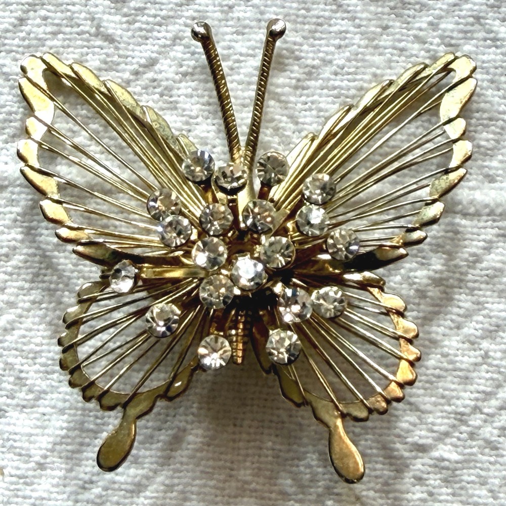 Vintage Monet Gold And Rhinestone Butterfly Pin/Brooch
